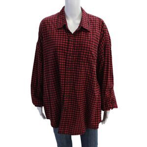 Denimist Womens Button Front Long Sleeve Collared Flannel Shirt Red White XS